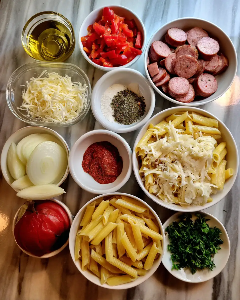 Ingredients for Creamy Pepper Jack Cajun Sausage Pasta Dish Hits Different