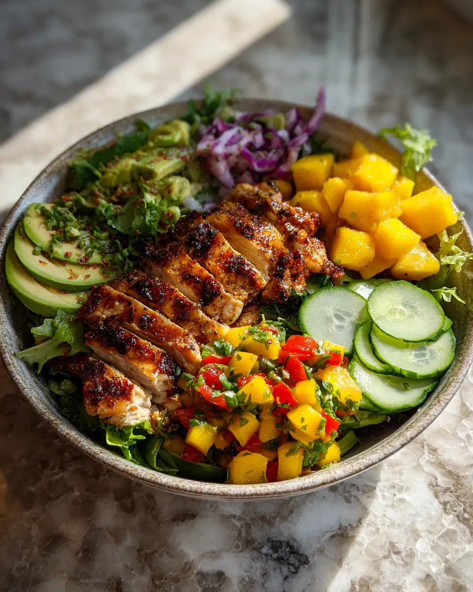Tropical Twist Jerk Chicken Buddha Bowl with Zesty Mango Salsa 6 Final dish - Tropical Twist Jerk Chicken Buddha Bowl with Zesty Mango Salsa